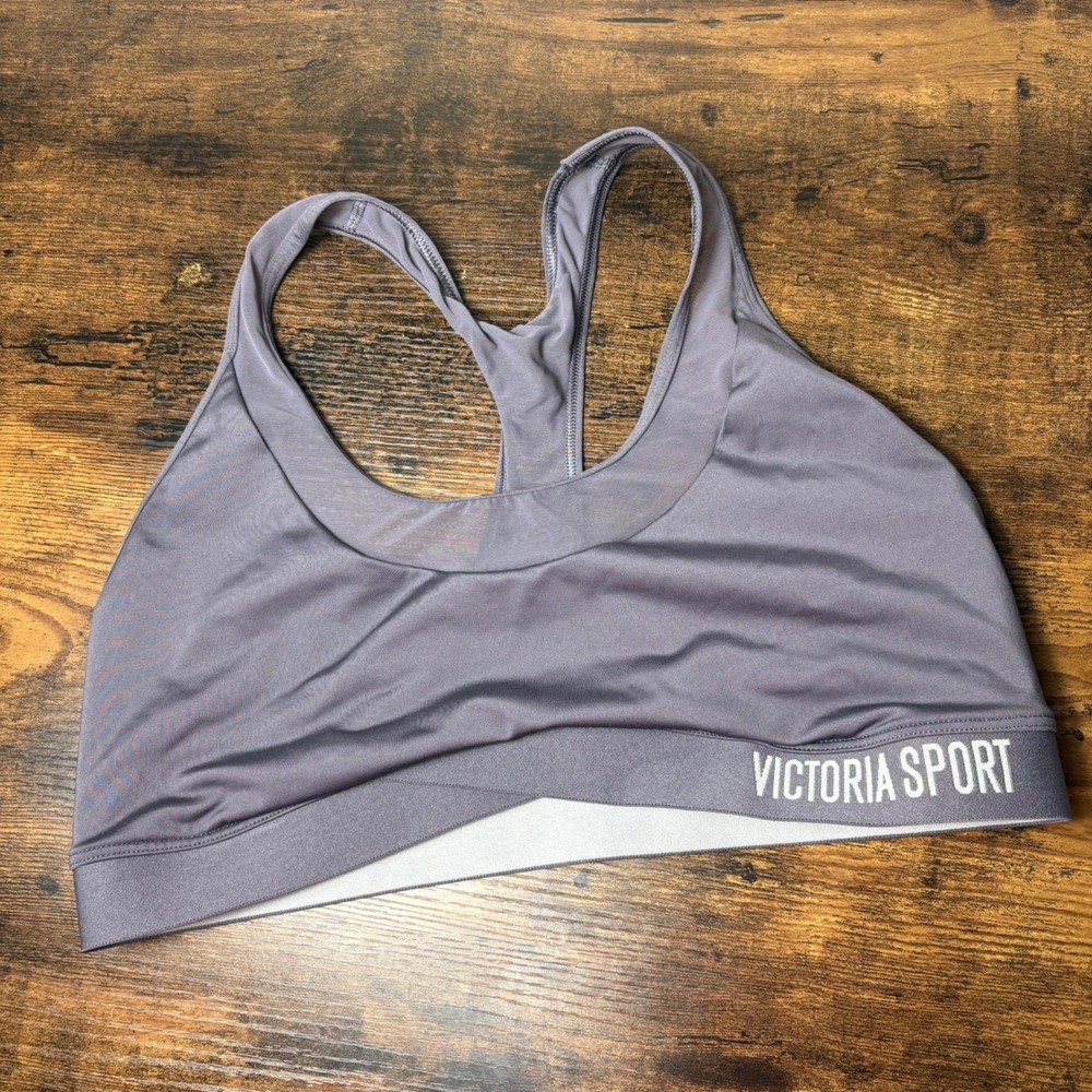 Victoria Sport Racerback Sports Bra Gray Purple Mesh Back Logo Band L